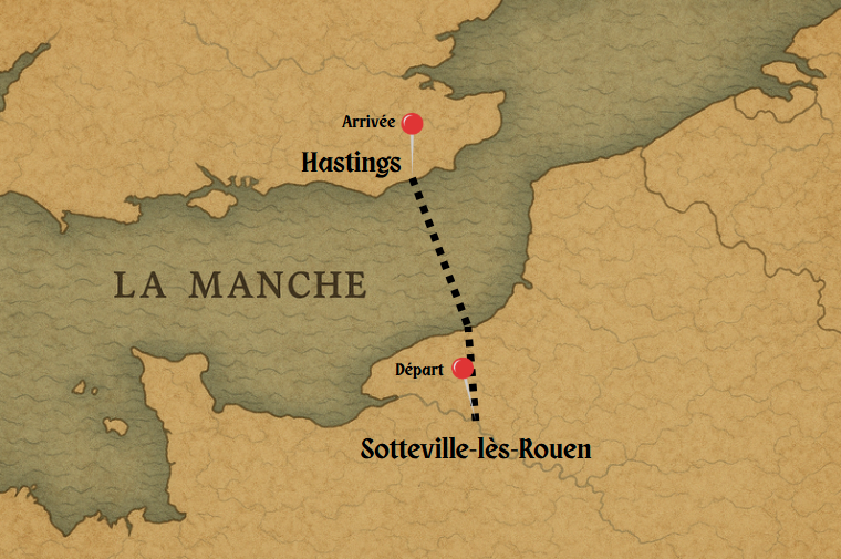 Carte ancienne montrant le trajet entre Sotteville-lès-Rouen et Hastings.